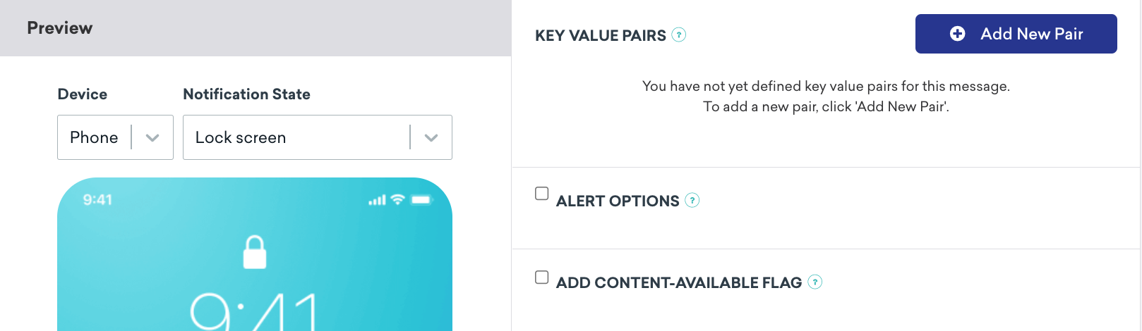 O painel do Braze mostra a caixa de seleção “content-available” (conteúdo disponível) encontrada na guia “settings” (configurações) do criador do push.